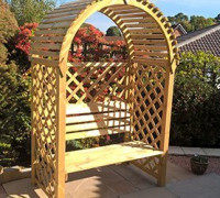 Wooden seating area on paved patio